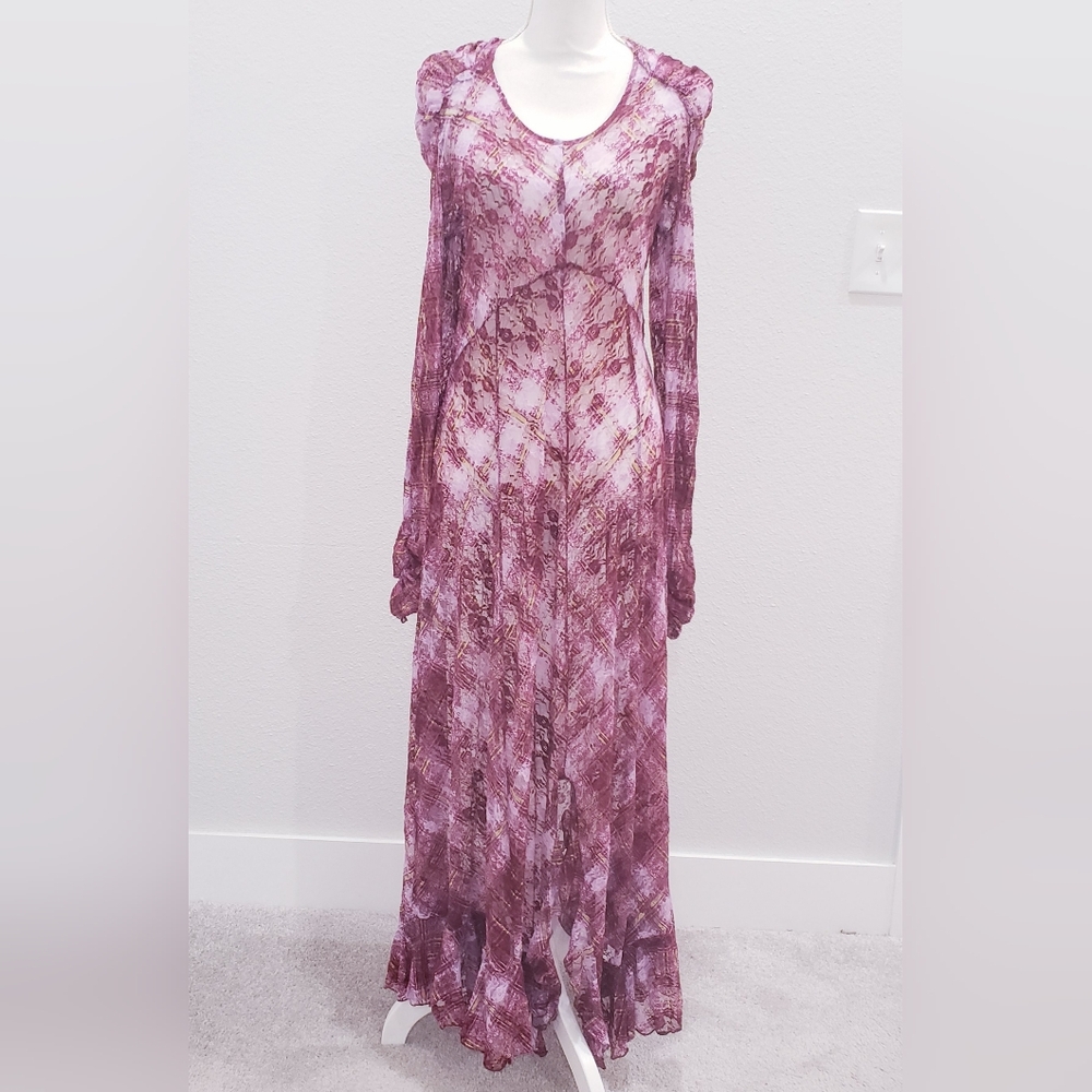 Free People Intimately Sheer Lace Plaid Floral Long Sleeve Maxi Size Small